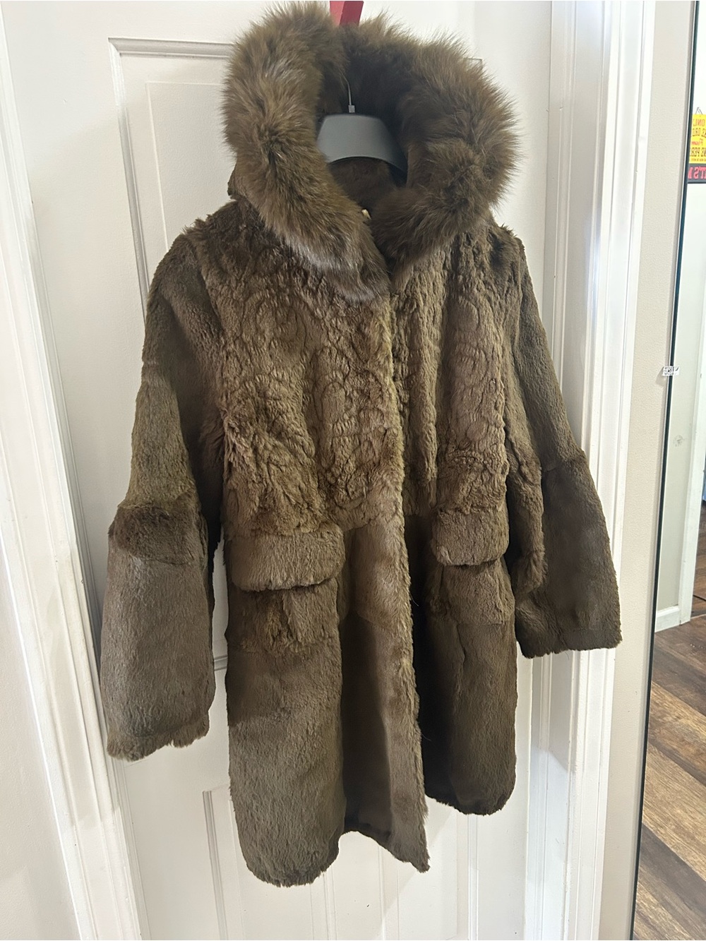 Olive Green Rabbit Fur Coat Genuine Fox Fur Hood Collar M/L - Picture 2 of 11
